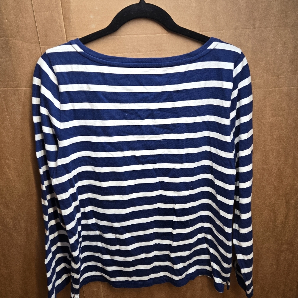 Talbots Women's Size Medium Jingle Belle Holidays Blue and White Striped Shirt - Picture 3 of 3